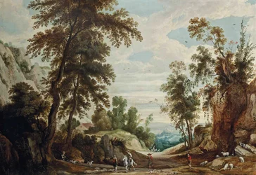 Wooded Landscape with Figure on Horseback and Shepherds with Flock on Path, Castle Beyond